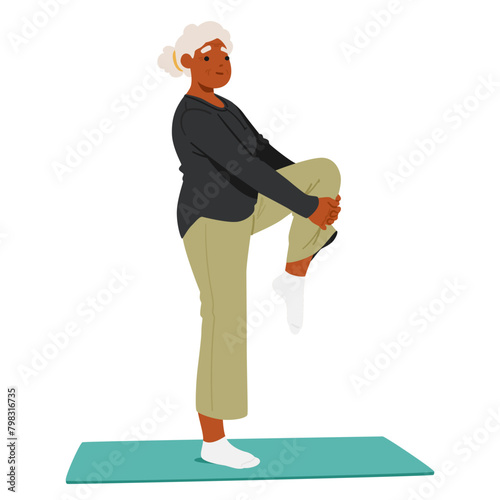 Elderly Woman Demonstrating Her Balance And Flexibility By Standing On One Leg On A Yoga Mat, Vector Illustration
