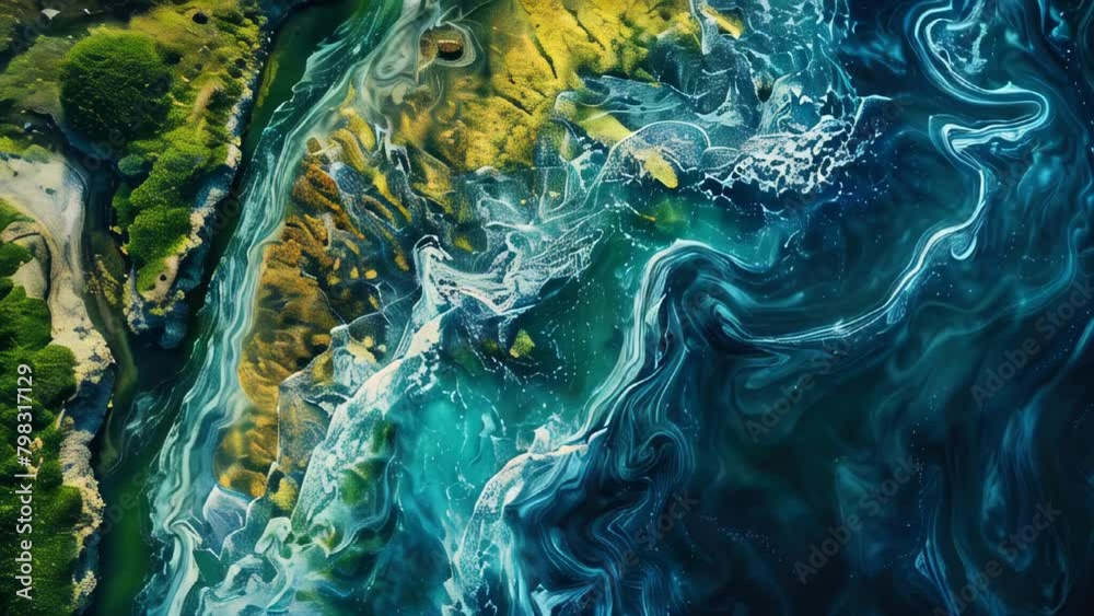 Aerial view of dynamic meeting two different colored water bodies, animated motion background Aerial view of dynamic meeting two different colored water bodies, animated motion background