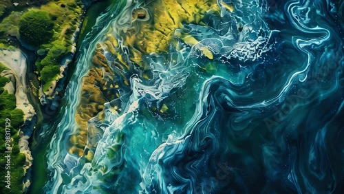 Aerial view of dynamic meeting two different colored water bodies, animated motion background photo
