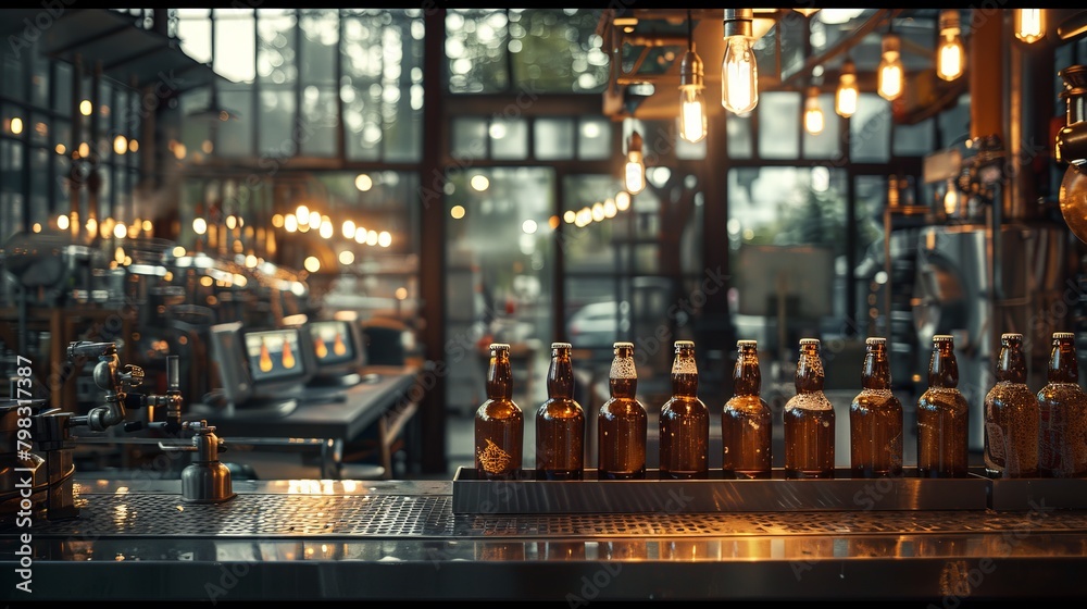 Evening shift at a brewery with the bottling process illuminated by warm industrial lights.