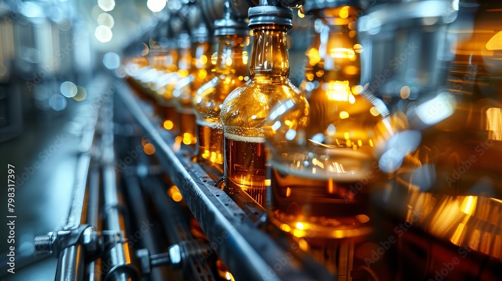 High-speed capture of a brewery's bottling mechanism, emphasizing precision and speed.