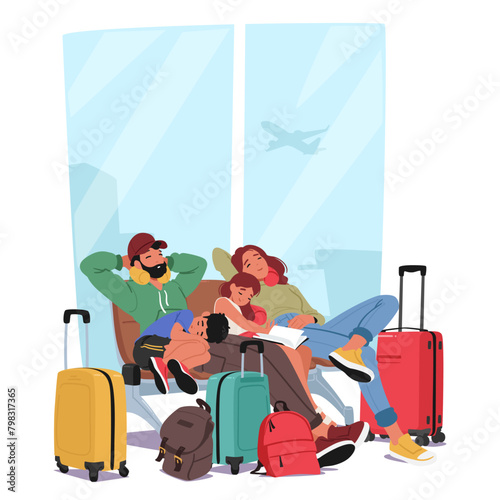 Family With Kids Sprawled In Airport Terminal, Exhausted Parents And Children Characters Sitting On Benches And Sleeping