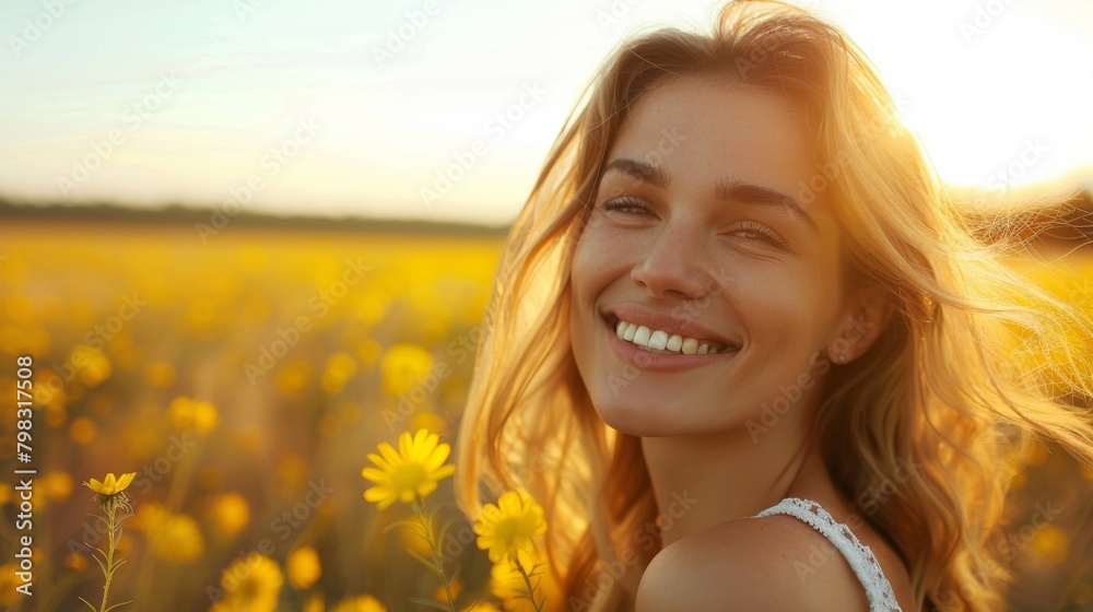 A woman smiling in a field of yellow flowers, AI A woman smiling in a field of yellow flowers, AI