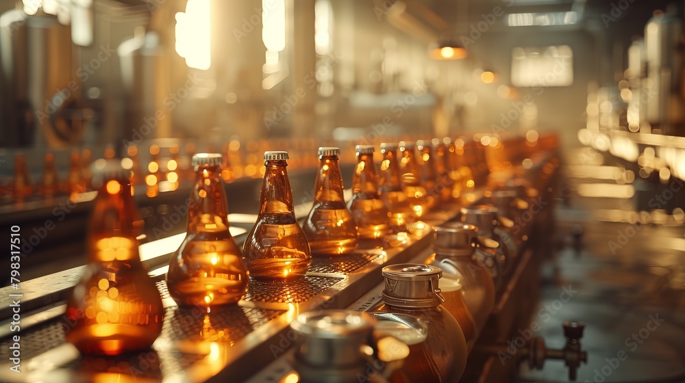 The production in beer factory. Brewery conveyor with glass beer drink alcohol bottles, modern production line. Blurred background. Modern production for bottling drinks. Selective focus. The production in beer factory. Brewery conveyor with glass beer drink alcohol bottles, modern production line. Blurred background. Modern production for bottling drinks. Selective focus.