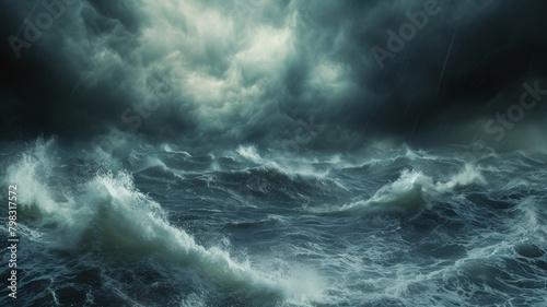 Ocean waves and stormy weather. Rough seas. Dark clouds in the sky and rain.