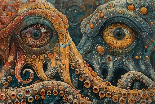 A painting depicting an octopus interacting with a mans face in a surreal and intriguing scene