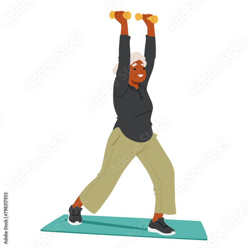 Healthy Elderly Woman In Sportswear Lifting Dumbbells On A Yoga Mat. Old Black Female Character Looks Happy And Focused