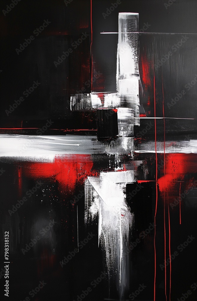 Bold abstract art with dramatic black, red, and white strokes evokes a ...
