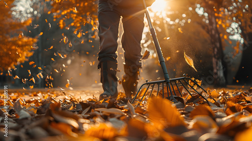 A person rakes leaves in the colorful and tranquil setting of autumn.