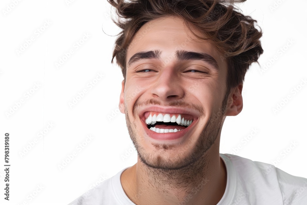 handsome young man with perfect smile laughing isolated on white dental health concept