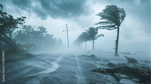 An image depicting the devastation caused by a strong wind hurricane and island flood disaster, requiring emergency response and community preparation. photo
