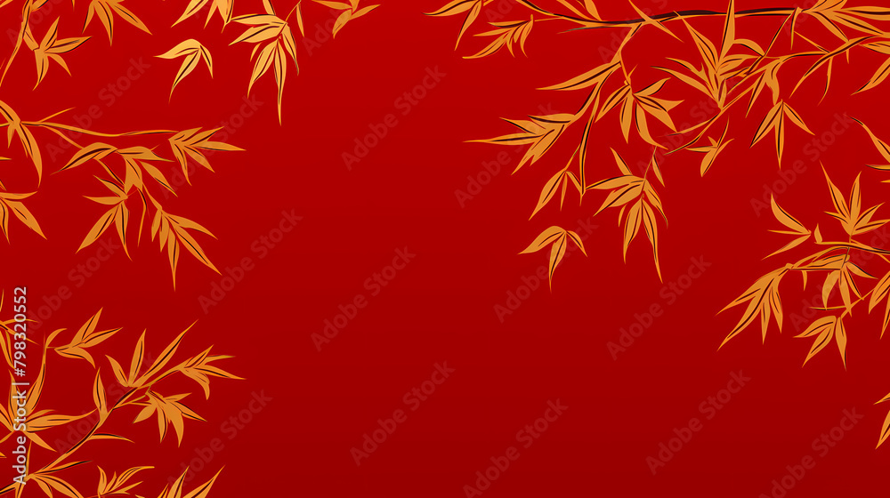 Red background, golden bamboo leaves Red background, golden bamboo leaves