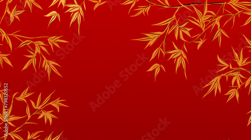Red background  golden bamboo leaves