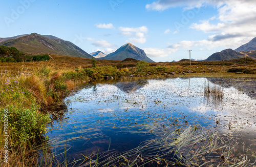 Mountain reflection in water with clouds in Scotland, Sligachan, Isle of Skye. marsh and forest in the valley surrounded by mountains © MD Media