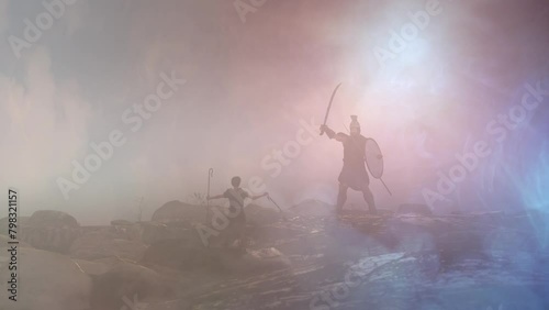David and Goliath of the biblical story of the confrontation between the giant and the shepherd David 3d render photo
