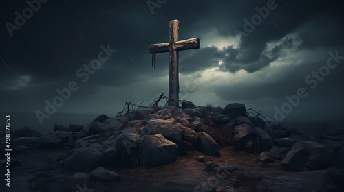 The cross stands on top of the rock