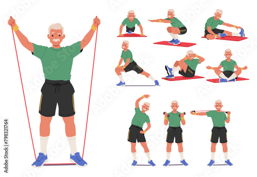 Old Male Character Sport Exercises Vector Set. Whitehaired Elderly Man, Exercising His Arm Joints With A Resistance Band