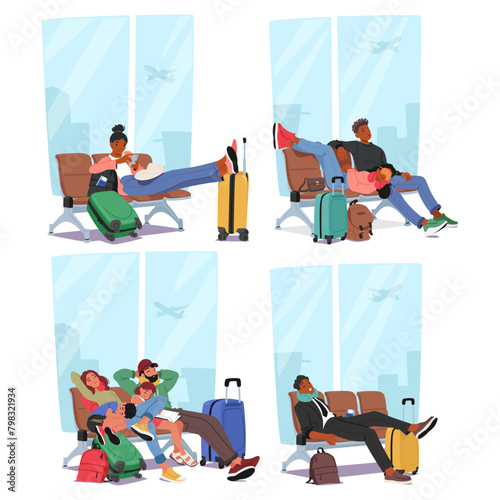 Group Of Travelers With Suitcases Are Waiting On Benches At The Airport. Male And Female Characters Sleeping