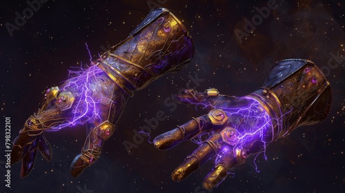 A pair of enchanted gauntlets crackling with electricity and pulsing with purple magic granting its wielder enhanced strength and . .