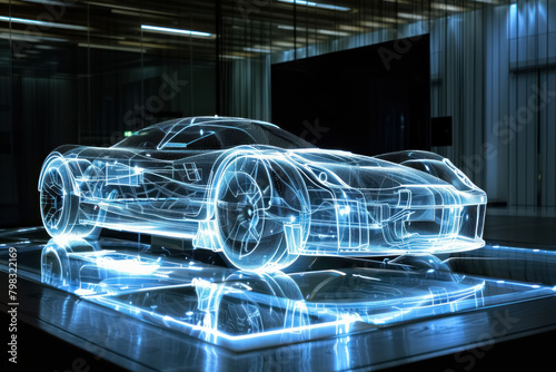 futuristic car design concept with 3d hologram projection
