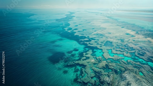 The aerial view shows a vast expanse of water stretching out, with no land in sight. The water appears deep blue and reflects the sky above