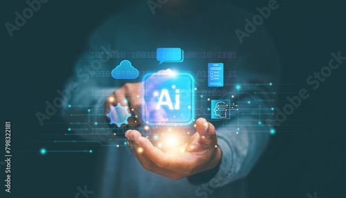 Hand holding virtual AI technology and network equipment icon, Artificial intelligence or AI of futuristic technology concept, Internet of Things, futuristic innovation, smart communication network.
