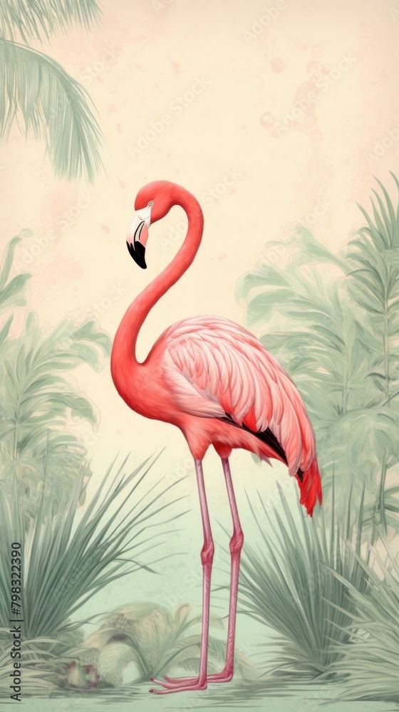 Fototapeta premium Wallpaper flamingo drawing animal sketch.