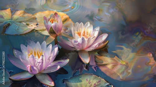 realistic  oil painting style  sunlight piercing through the water  delicate and intricate three water lillies  with shadow  floating over water 