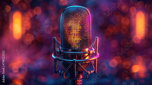 holographic wireframe microphone design on sparkling purple background for modern music theme