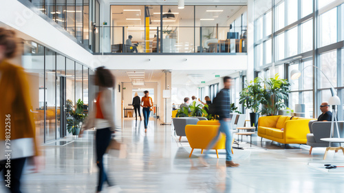 people crowd walking at corporate office, abstract motion blur image, created with generative AI technology