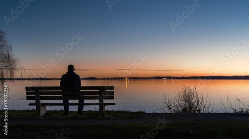 Lonely person sitting on a wooden bench alone at dusk looking at the sunset