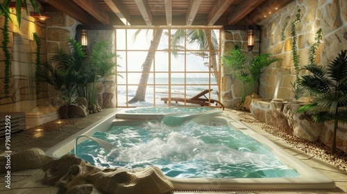realistic image of a indoor spa with a beach theme, © Alizeh