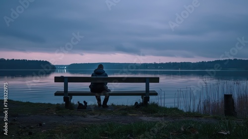 Lonely person sitting on a wooden bench alone at dusk looking at the sunset