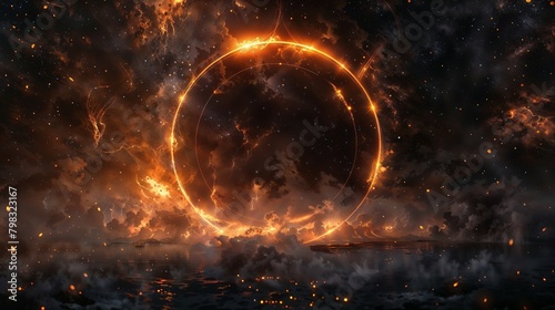 A ring of fire burns brightly in the center of a dark, ominous sky photo