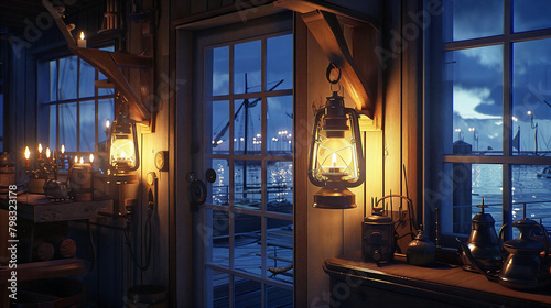 Interior design of an engineer s apartment living room by the dock during blue hour. Warm-colored oil lamps hang on the wall  creating a cozy atmosphere. 