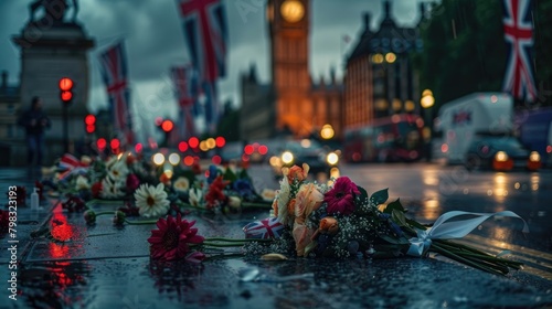 Death Britain royal flag flowers Buckingham palace London memorial British mourning candle vigil concept dead family photo