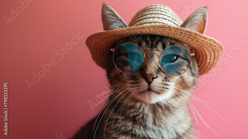 stylish cat with sunglasses and straw hat on pink background