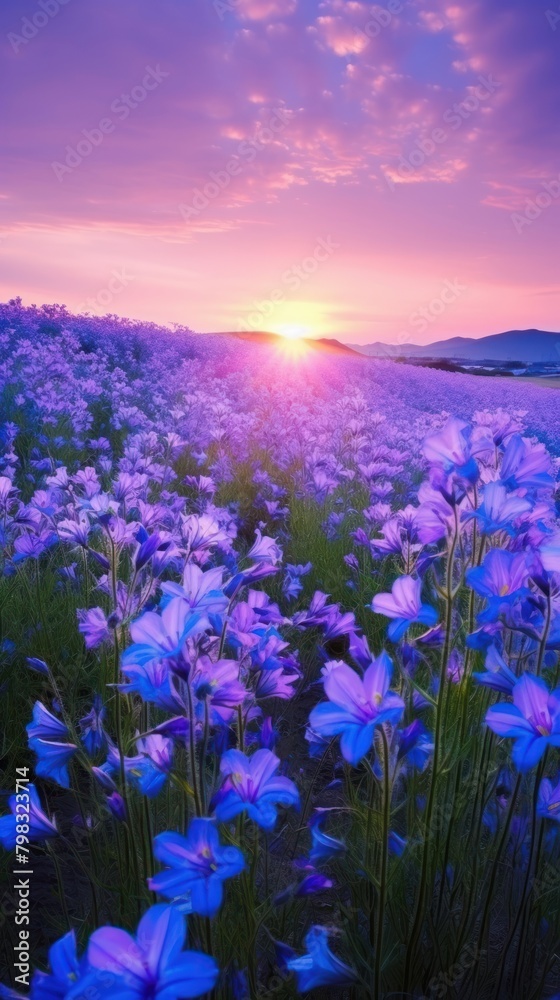 Obraz premium Serene many harebell flower field landscape sunlight outdoors.