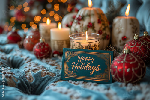 Happy Holidays greeting card with burning candles on wooden table