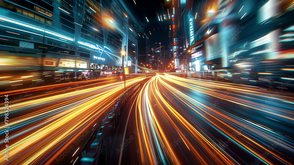 Dynamic urban lights, long exposure reveals swirling trails in the night, an abstract vision of speed and movement in the city Dynamic urban lights, long exposure reveals swirling trails in the night, an abstract vision of speed and movement in the city
