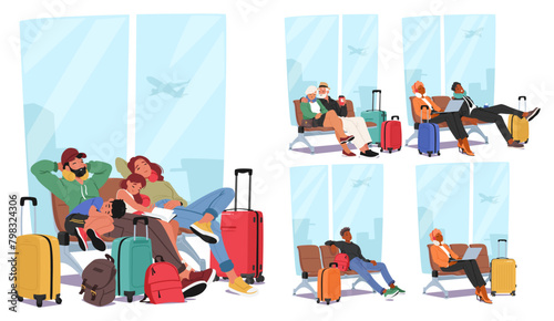 People With Luggage Sitting On Benches At Airport Seeking Comfort Amidst The Buzz Of Announcements And Flickering Lights