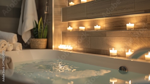 The wall of votive candles provides a tranquil and calming atmosphere in the spainspired bathroom. 2d flat cartoon. photo