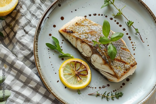 Grilled fish fillet with lemon and herbs