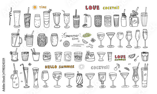Large set of acoholic and non-acoholic cocktails with ice cubes, mint, fruits and text. Great for bar menu design, packaging. Vector illustration. Doodle style. Isolated on white background