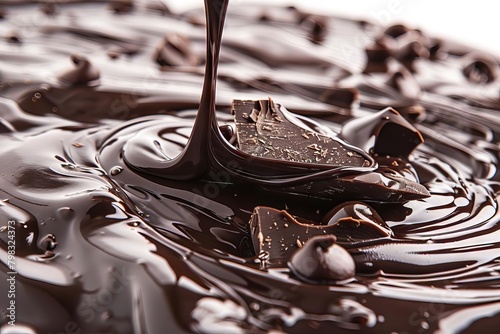 luxurious melted chocolate dripping and swirling closeup view on white background food photography