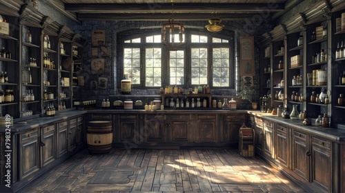 Vibrant D Rendering of an Antique Apothecary Shop Brimming with Colorful Jars and Bottles