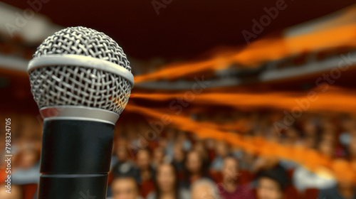 Abstract illustration of a central close-up microphone for an address of a speaker or singer in a crowded hall of blurred listeners