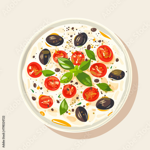 A white plate with a variety of vegetables including tomatoes, olives, and basil