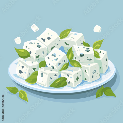 cheese on a plate with green leaves. Vector illustration