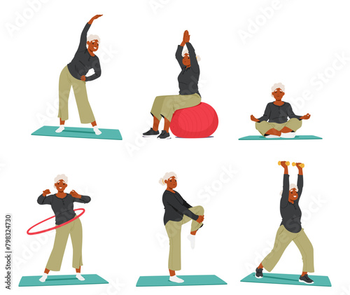 Elderly Woman Is Performing Various Exercises On A Yoga Mat To Improve Her Balance And Joint Flexibility, Vector